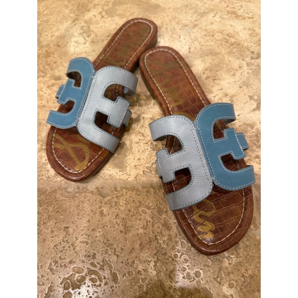 Sam Edelman Womens Blue & Brown Croc-Embossed Flat Slide Sandals Size 8.5